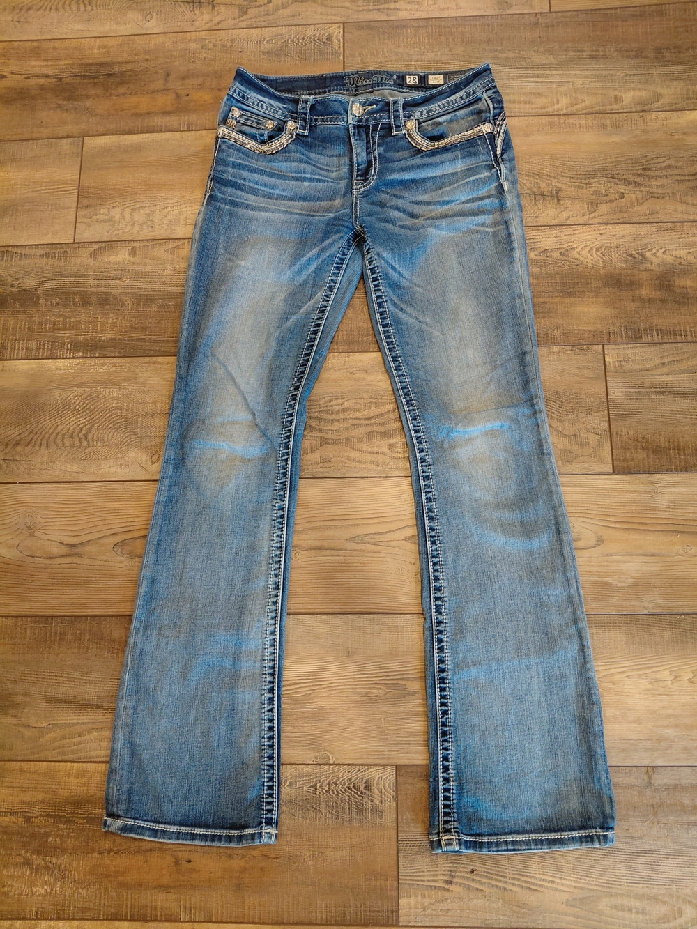 Miss Me Medium Blue Flare Jeans with Embellished Pocket Trim